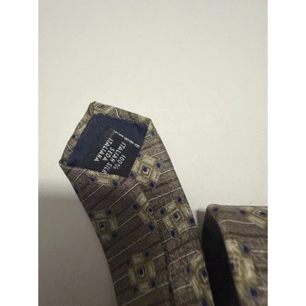 Kasper Mens Tie 100% Italian Silk Geometric Taupe Blue Brown Formal Necktie